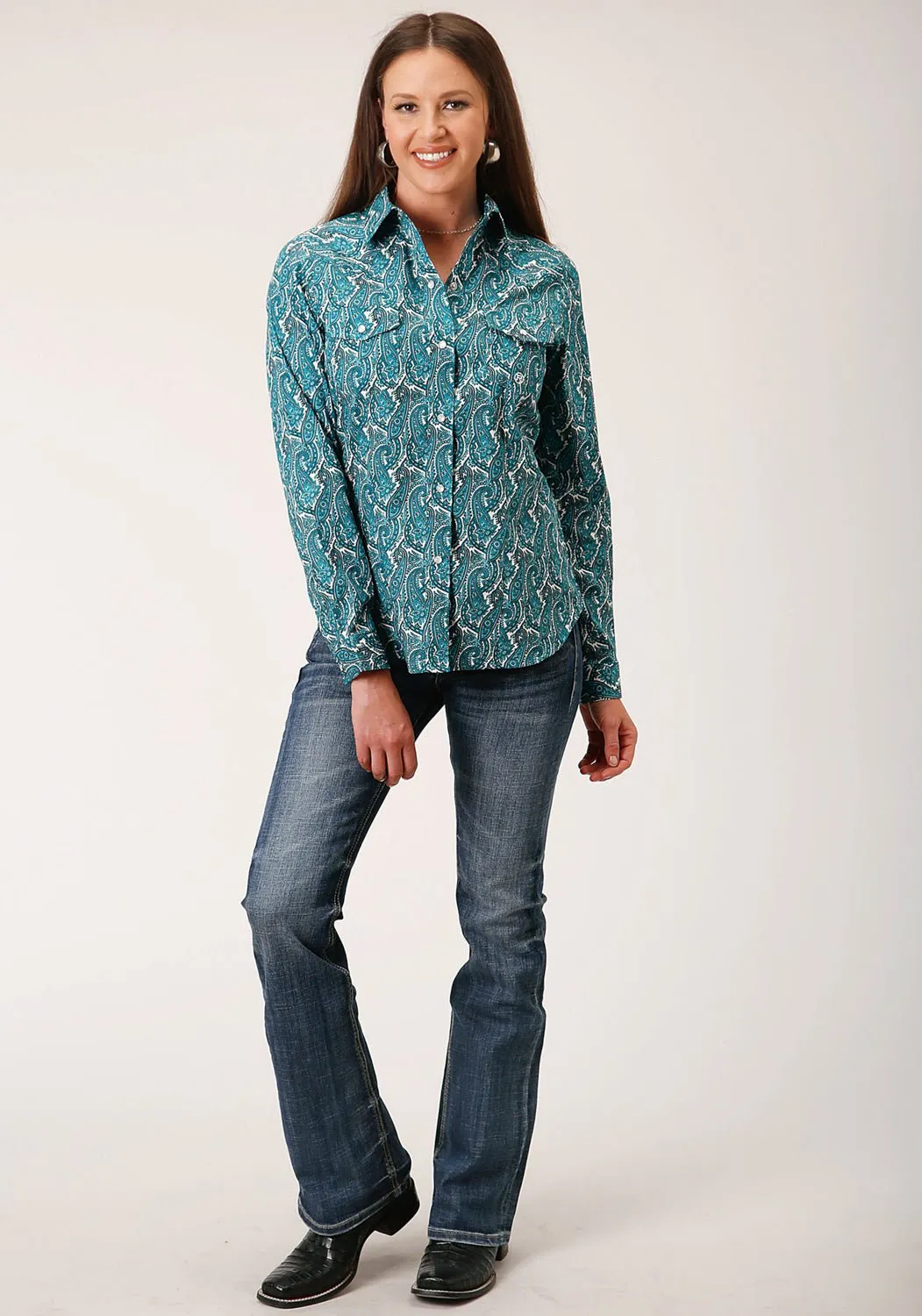 Premium Look Roper Womens Turquoise 100% Cotton Upstream Paisley L/S Shirt