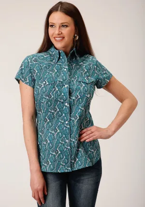 Roper Womens Turquoise 100% Cotton Upstream Paisley S/S Shirt Asymmetrical hem Roper Womens Turquoise 100% Cotton Upstream Paisley S/S Shirt Athleisure Trend Casual Look