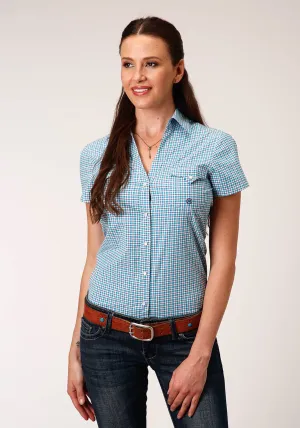 Roper Womens Turquoise Cotton Blend Stretch Check S/S Shirt Soft Option Roomy Cut Relaxed Comfort Roper Womens Turquoise Cotton Blend Stretch Check S/S Shirt