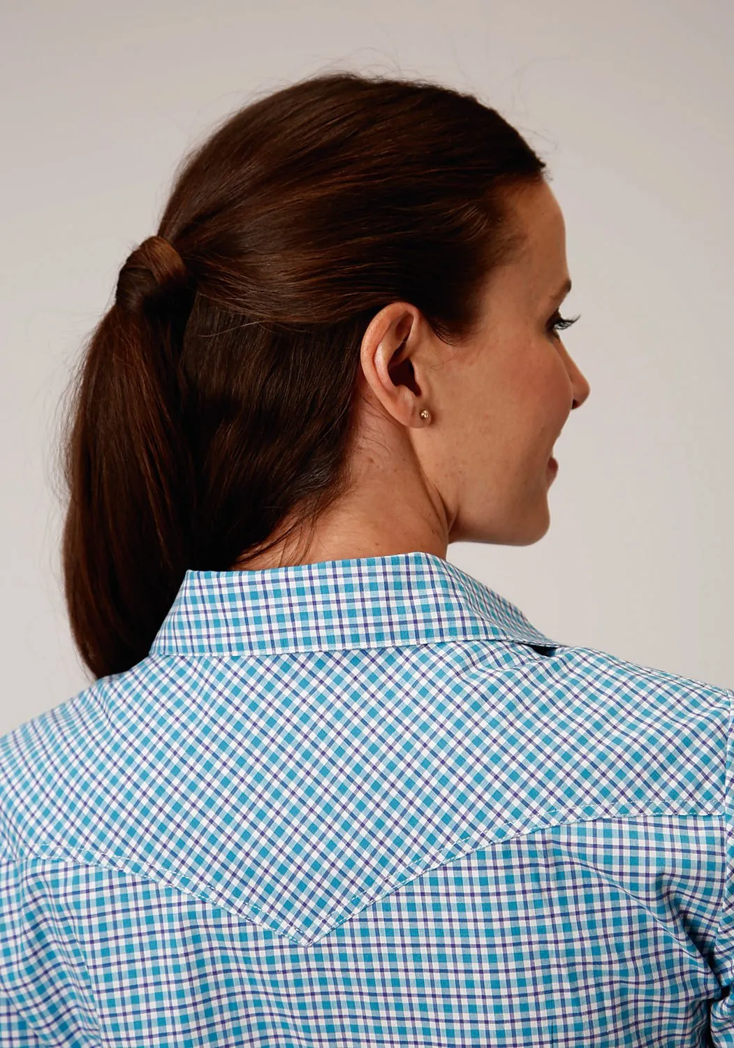 Non Irritating Tags Roper Womens Turquoise Cotton Blend Stretch Check S/S Shirt