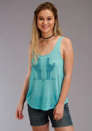 Roper Womens Turquoise Polyester Rock On Cactus S/L Tank Top Breathable Vibes Roper Womens Turquoise Polyester Rock On Cactus S/L Tank Top Comfort First Fit