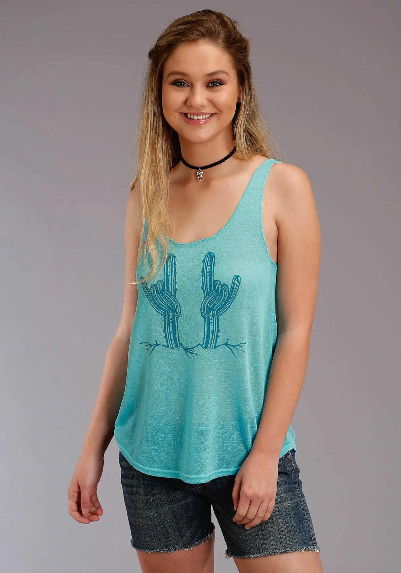 Roper Womens Turquoise Polyester Rock On Cactus S/L Tank Top Comfort First Fit