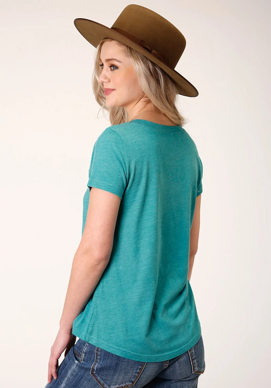 Sustainable Weave Roper Womens Turquoise Poly/Rayon Small Town Proud S/S T-Shirt