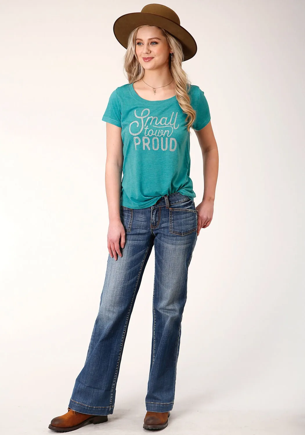 Roper Womens Turquoise Poly/Rayon Small Town Proud S/S T-Shirt Breathable Fit High-End Fashion