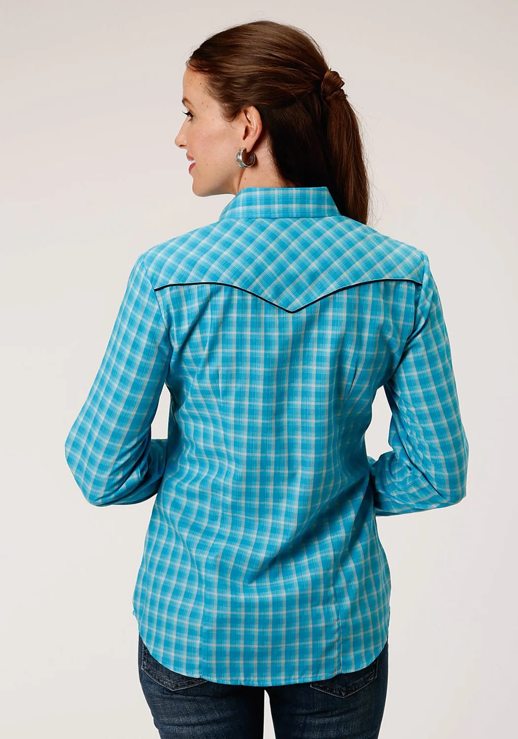 Office Wear Modern Eco Friendly Dye Roper Womens Turquoise/Gray Cotton Blend Small Scale L/S Leaf Shirt