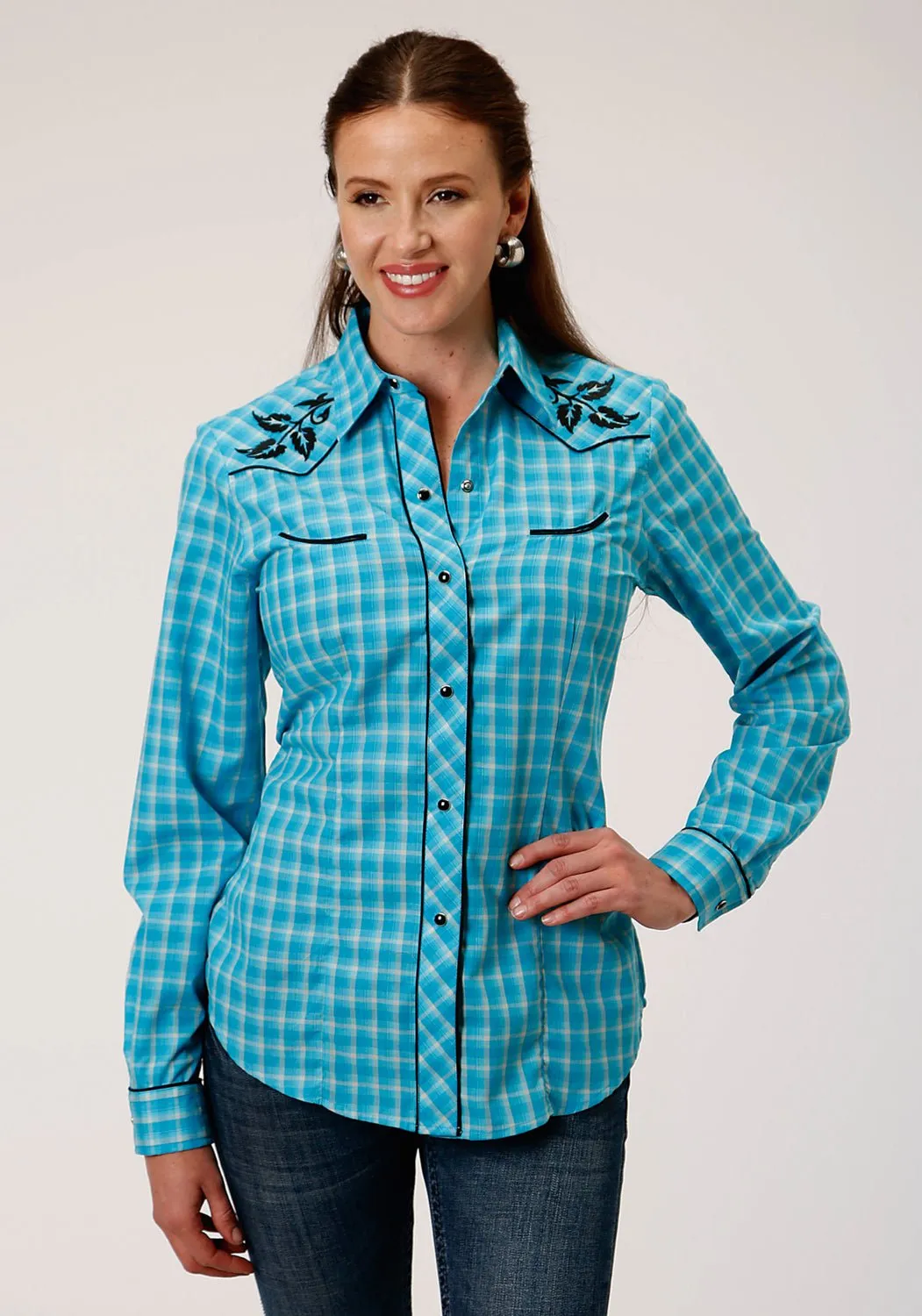 Premium Outdoor Enthusiast Contemporary Vibe Roper Womens Turquoise/Gray Cotton Blend Small Scale L/S Leaf Shirt