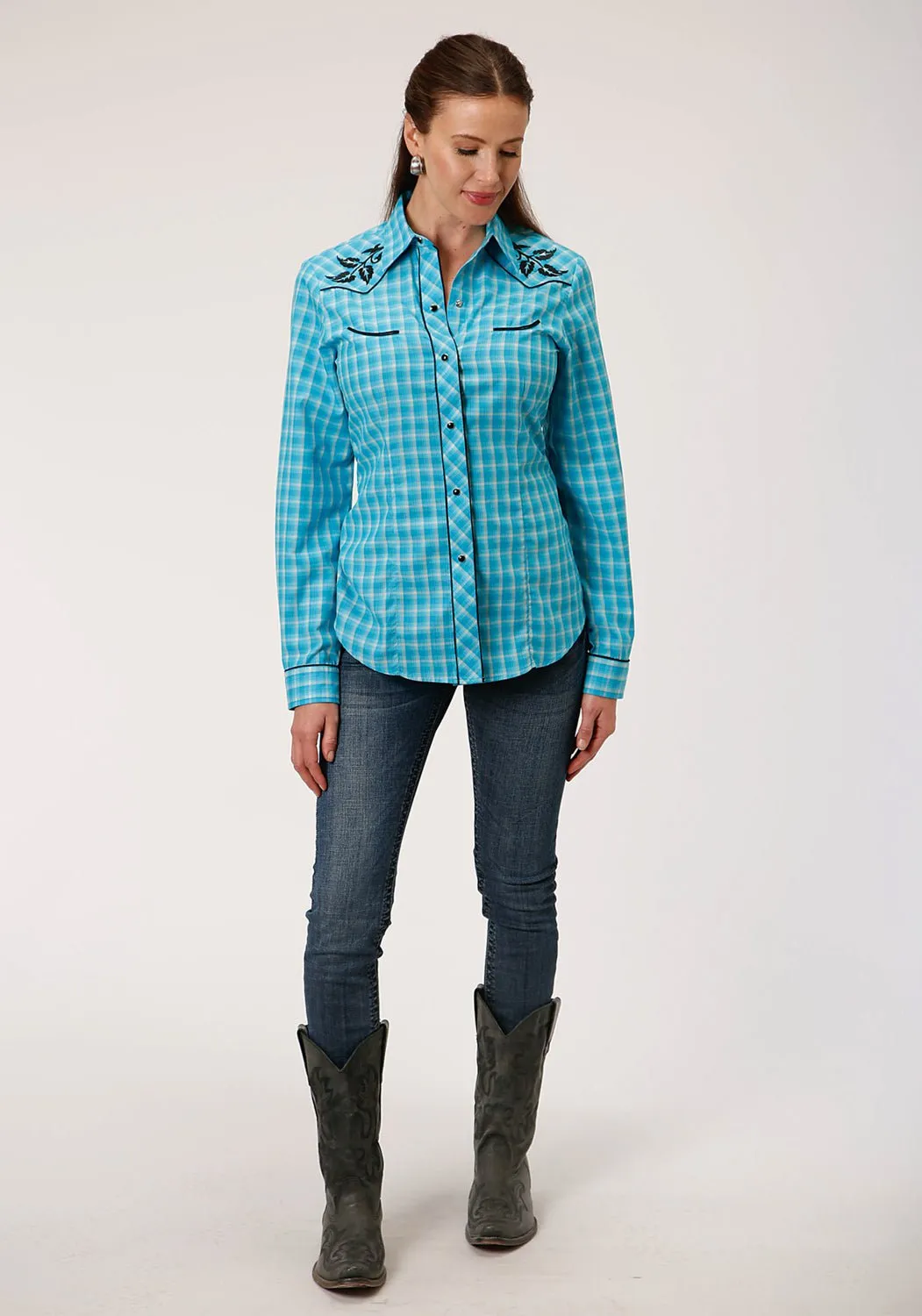 Neutral Base Reinforced Pockets Roper Womens Turquoise/Gray Cotton Blend Small Scale L/S Leaf Shirt