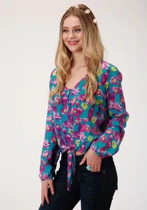 Roper Womens Turquoise/Purple Rayon/Nylon Cactus Print L/S Blouse Go Style Street Fashion Parent Style Modern Spring Mood Roper Womens Turquoise/Purple Rayon/Nylon Cactus Print L/S Blouse
