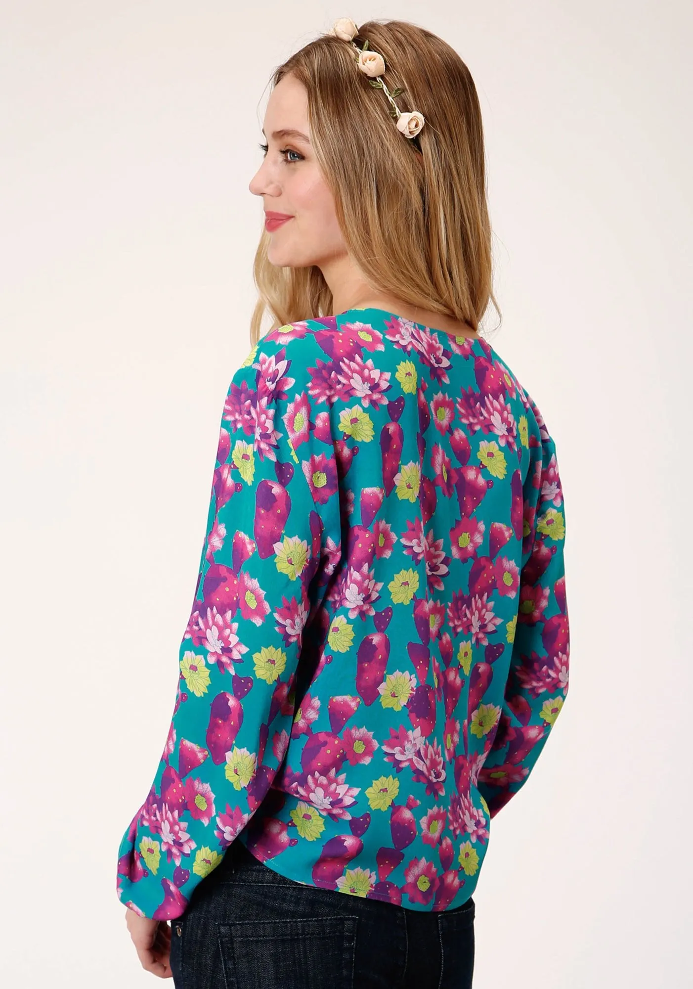 Roper Womens Turquoise/Purple Rayon/Nylon Cactus Print L/S Blouse Weighted Hemline