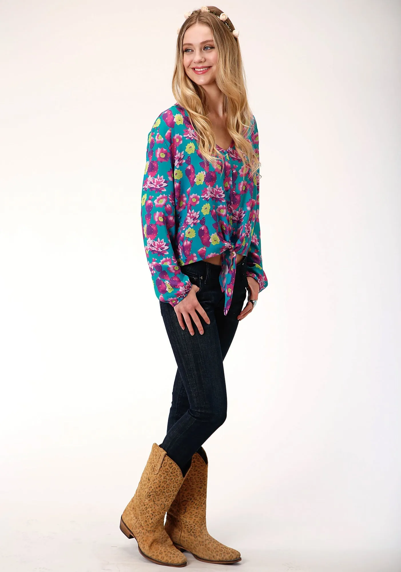 All Round Fit Weekend Wear Roper Womens Turquoise/Purple Rayon/Nylon Cactus Print L/S Blouse
