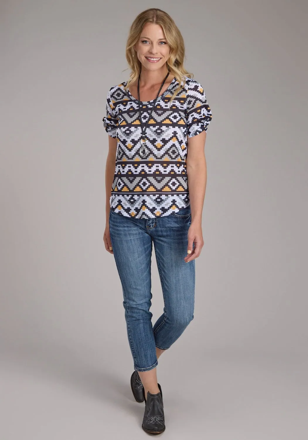 Roper Womens Twisted Cuff Sublimation Multi-Color Poly/Spandex S/S T-Shirt Cozy Wear Sustainable Dye Process