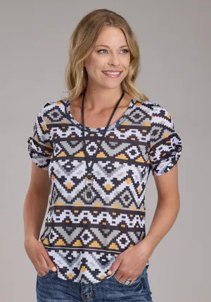Roper Womens Twisted Cuff Sublimation Multi-Color Poly/Spandex S/S T-Shirt Trendy Trends Stretch Material Ultra Soft Interior Roper Womens Twisted Cuff Sublimation Multi-Color Poly/Spandex S/S T-Shirt