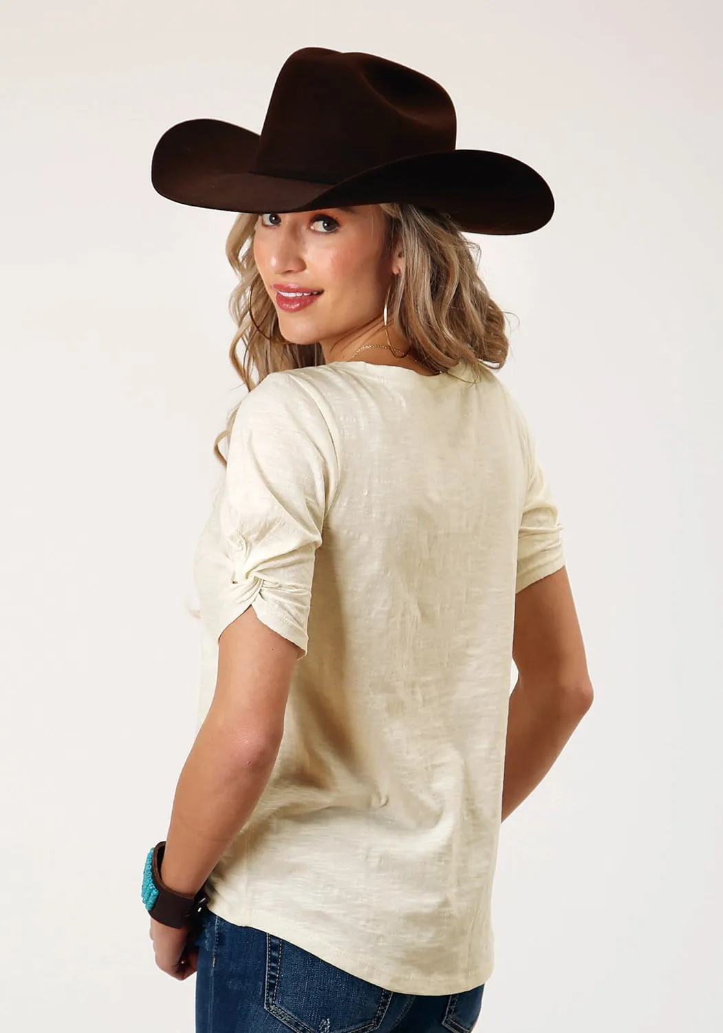 Roper Womens Twisted Cuff White 100% Cotton S/S T-Shirt Timeless Classic