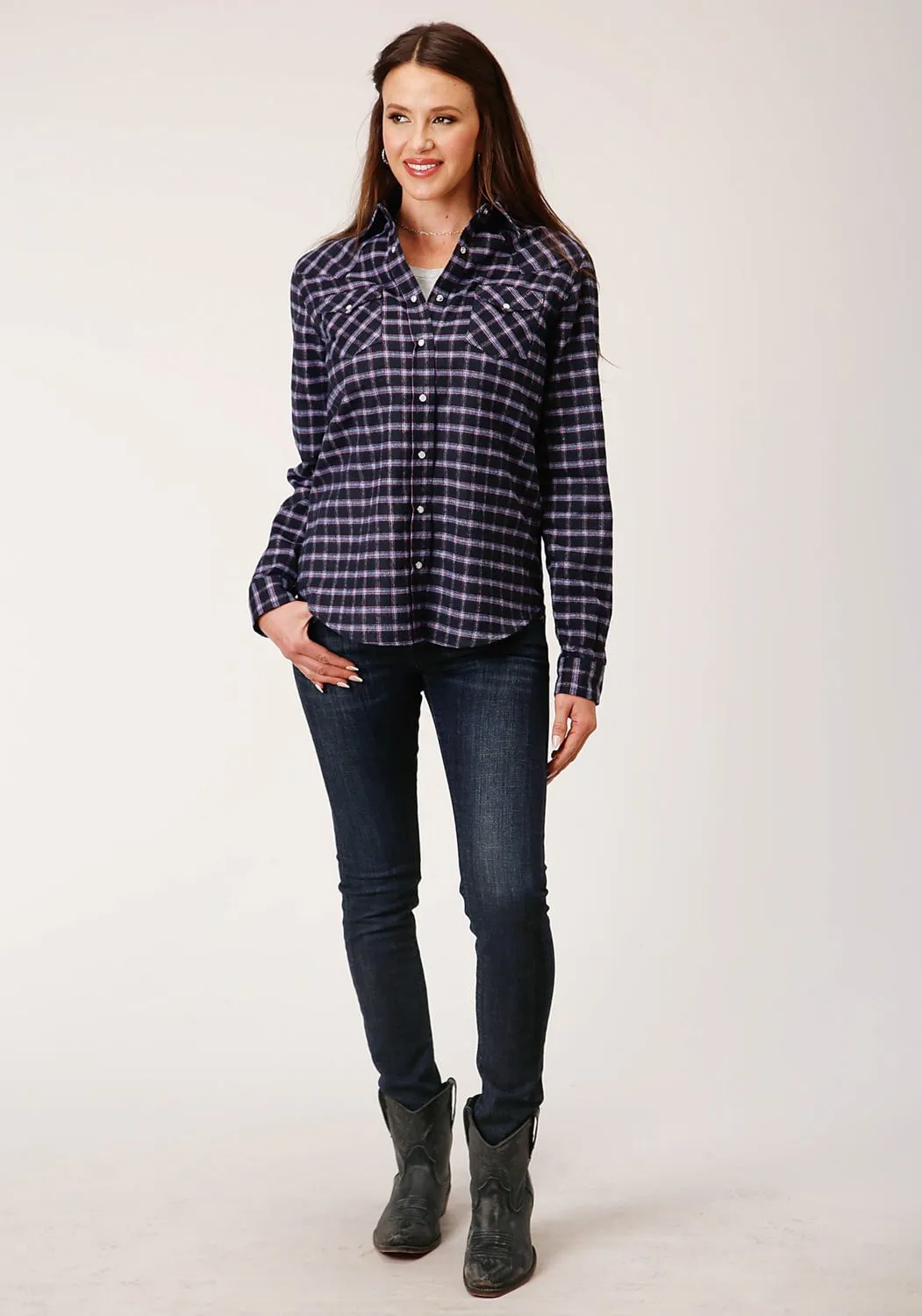 Roper Womens Unlined Flannel Blue 100% Cotton L/S Shirt Fashionable Pick