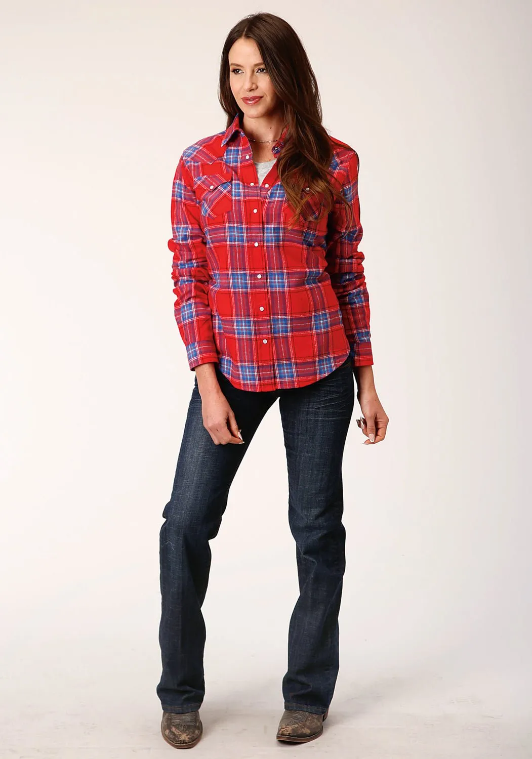 Sporty Layer Double Stitched Seams Roper Womens Unlined Flannel Red 100% Cotton L/S Shirt