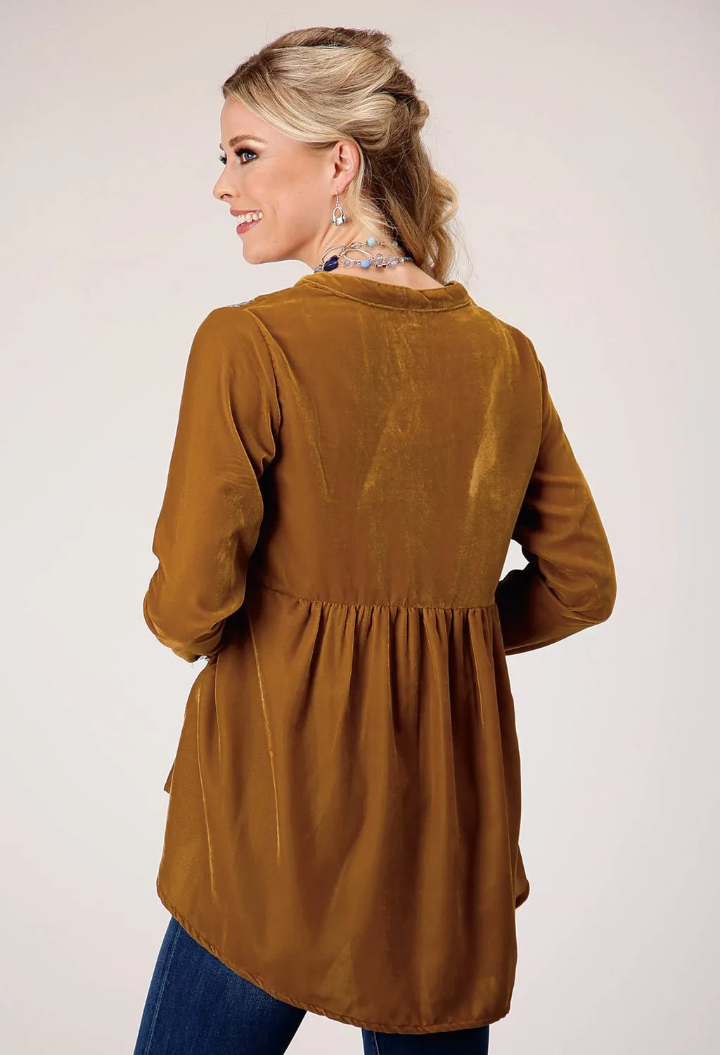 Static Dissipating Fiber Minimalist Aesthetic Roper Womens Velvet V-Neck Gold 100% Polyester L/S Tunic