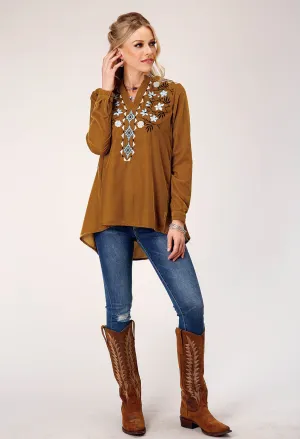 Roper Womens Velvet V-Neck Gold 100% Polyester L/S Tunic Eco Recycled Polyester Corporate Event Stretchy Cloth Roper Womens Velvet V-Neck Gold 100% Polyester L/S Tunic
