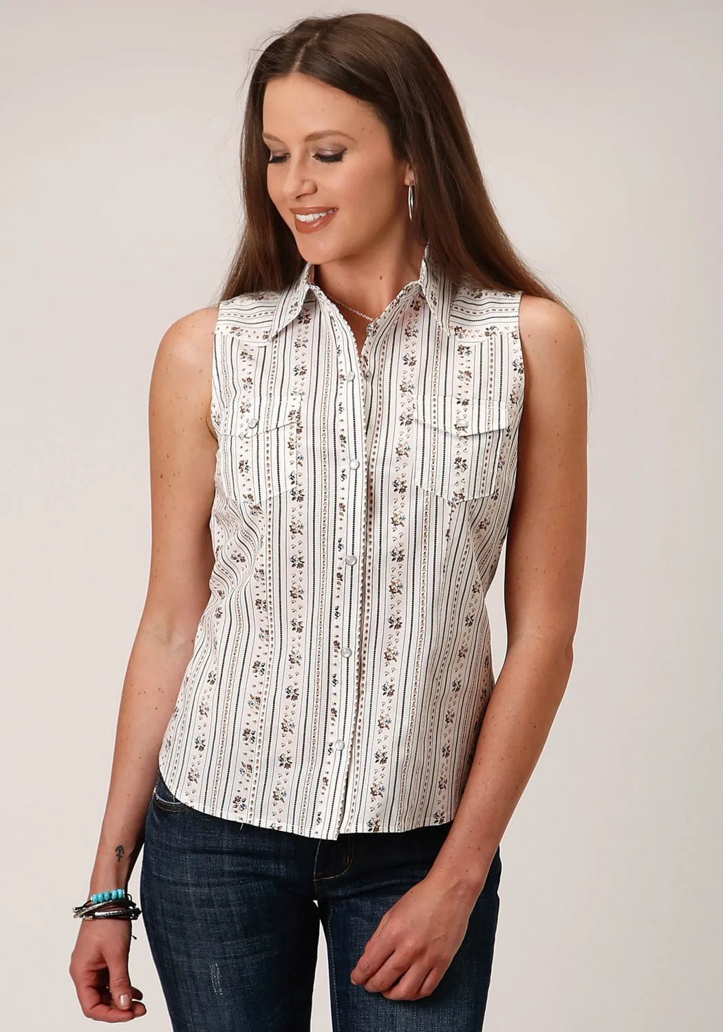 Roper Womens Wallpaper Stripe White Cotton Blend S/L Shirt decorative element