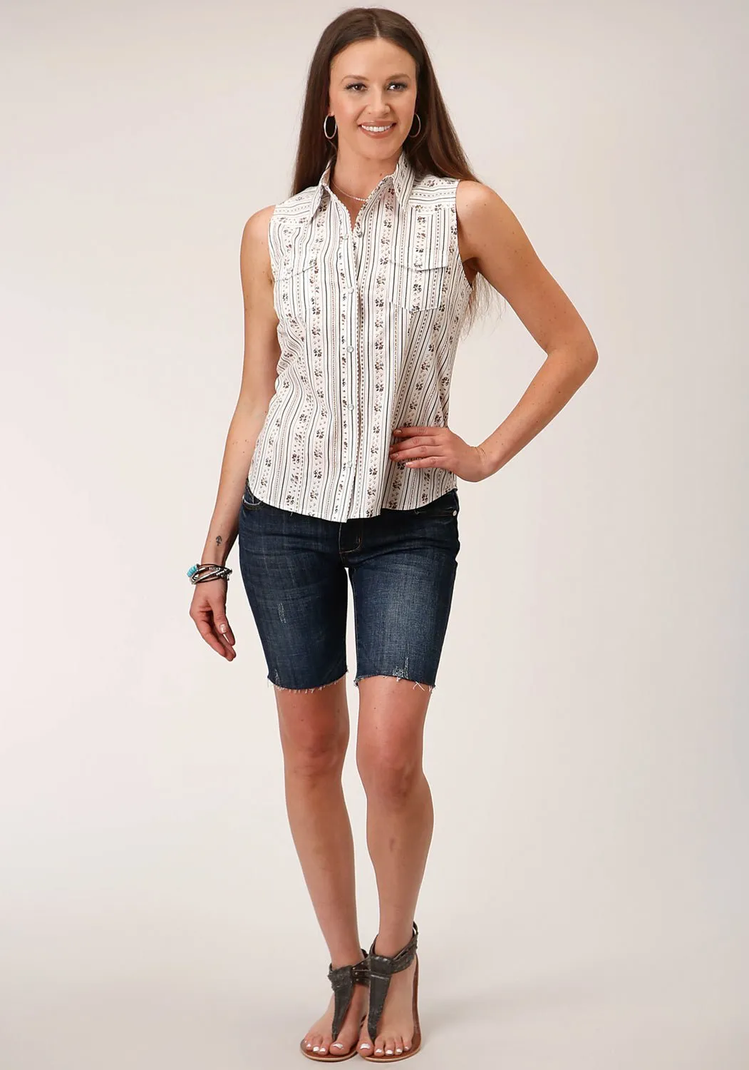 Timeless Appeal Roper Womens Wallpaper Stripe White Cotton Blend S/L Shirt