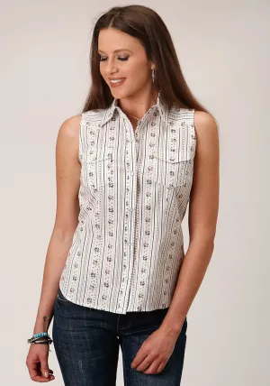 Roper Womens Wallpaper Stripe White Cotton Blend S/L Shirt color block sporty wear Striped Design Roper Womens Wallpaper Stripe White Cotton Blend S/L Shirt