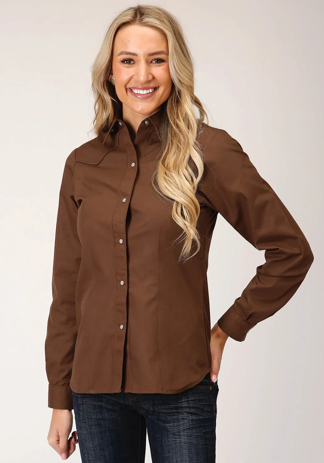 Parent Style Trendy Breathable Everyday Eco Friendly Earthy Roper Womens Warm Brown Cotton Blend Embroidered L/S Broadcloth Shirt