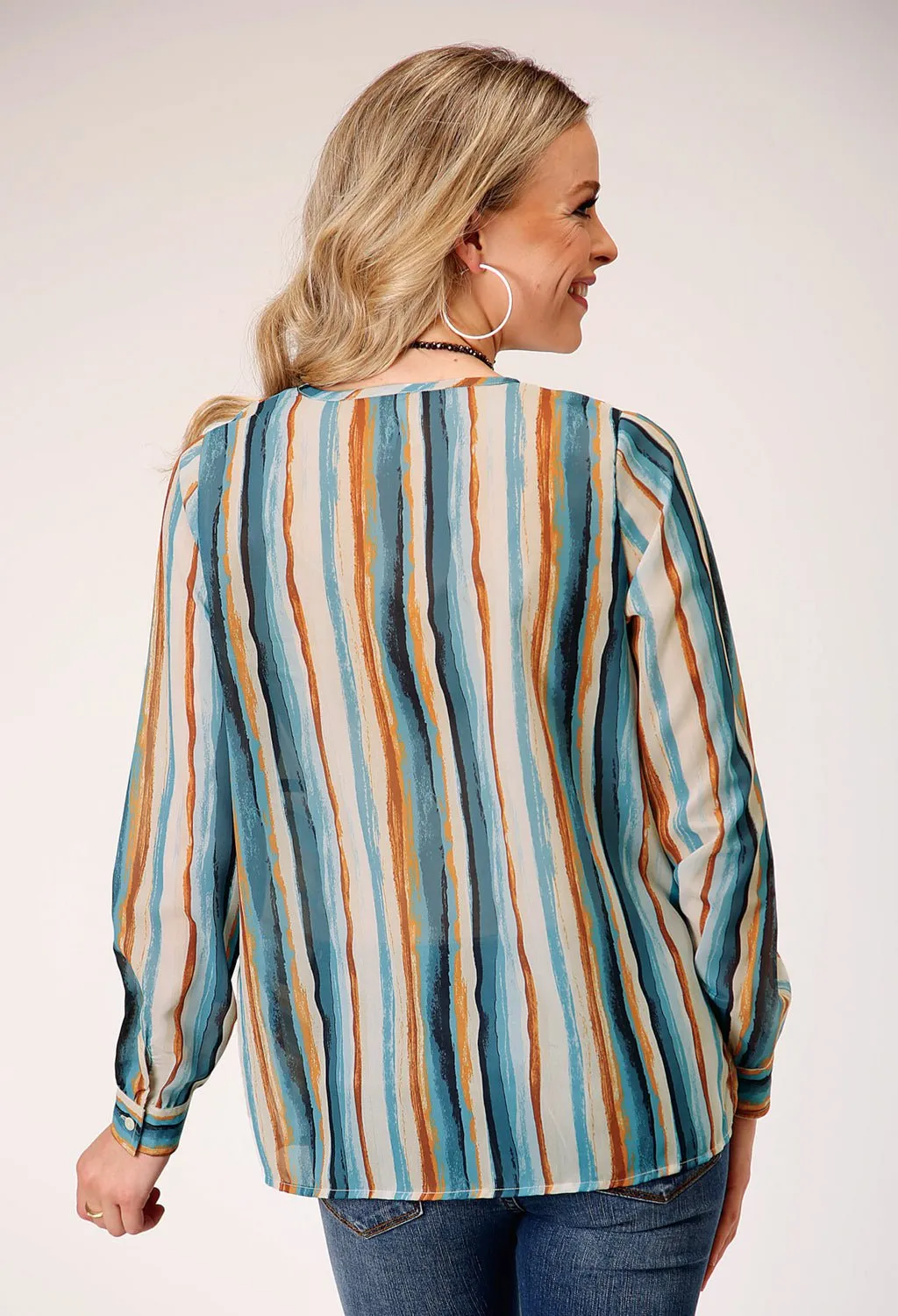 Roper Womens Watercolor Stripe Multi-Color 100% Polyester L/S Tunic Two Tone Stitching Water Repellent Finish