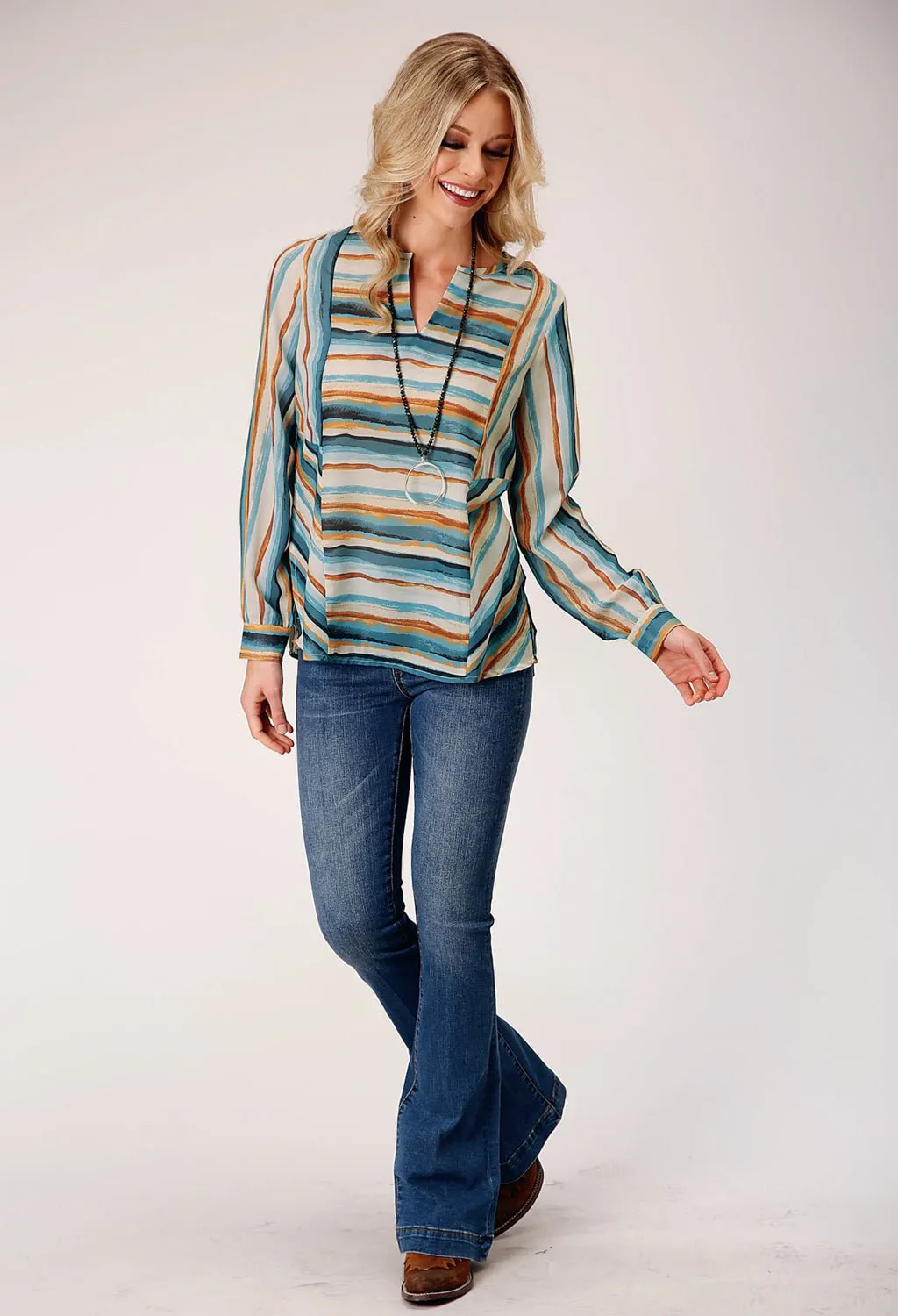 Roper Womens Watercolor Stripe Multi-Color 100% Polyester L/S Tunic Comfort-First