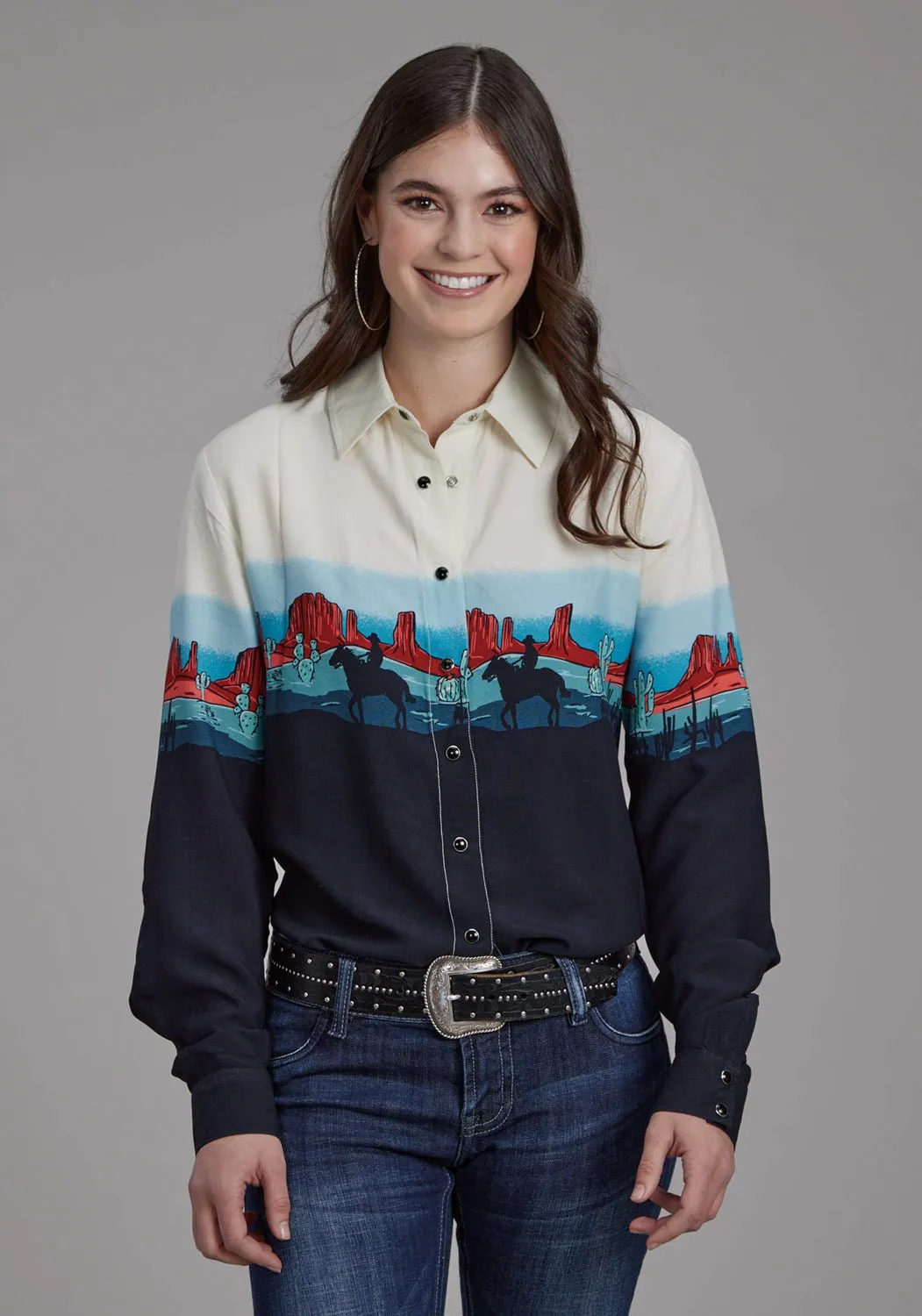 bohemian flair Roper Womens Western Border Snap Black 100% Rayon L/S Blouse