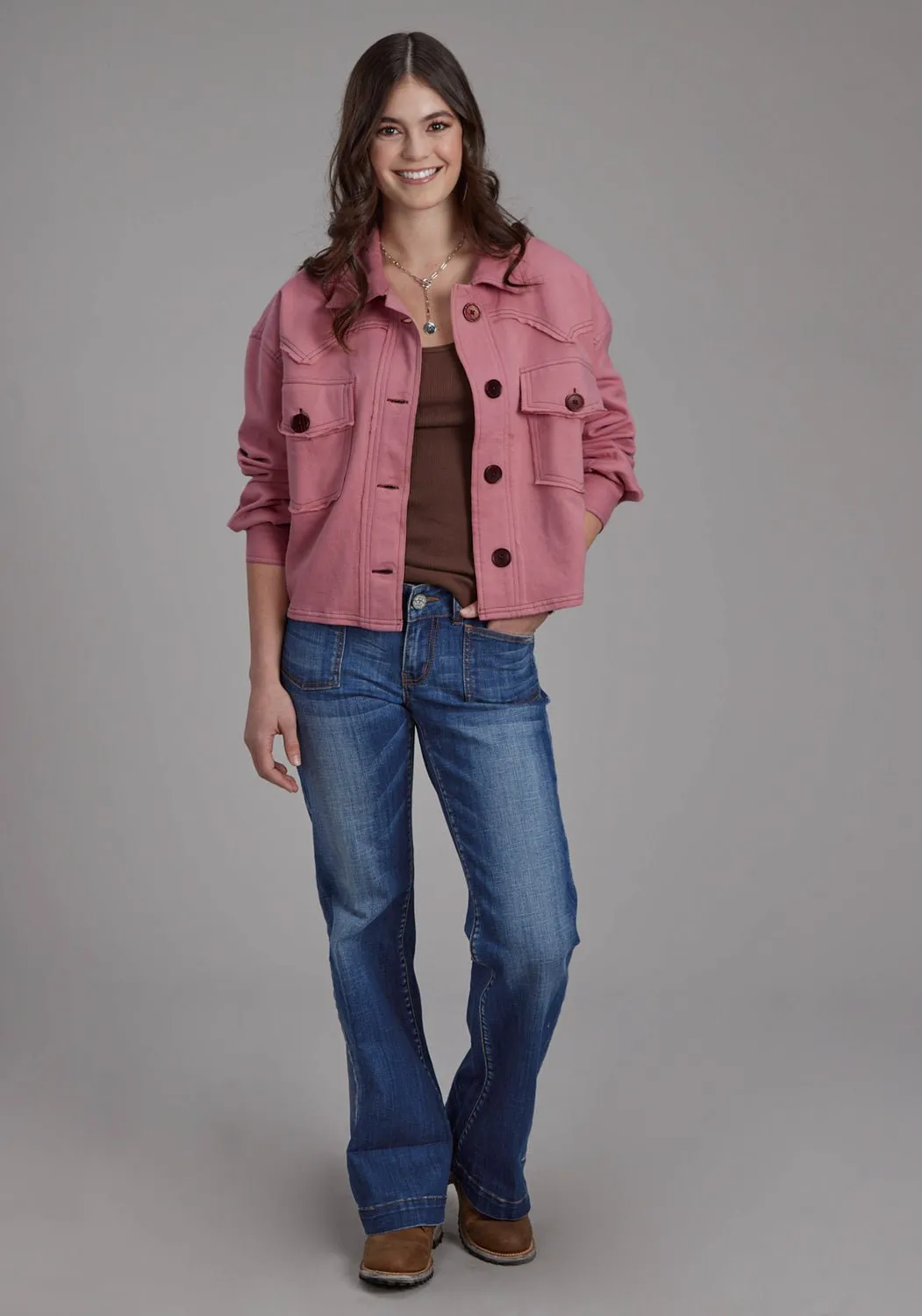 Sleek Shape Matching Basic Roper Womens Western Crop Pink 100% Cotton Jacket
