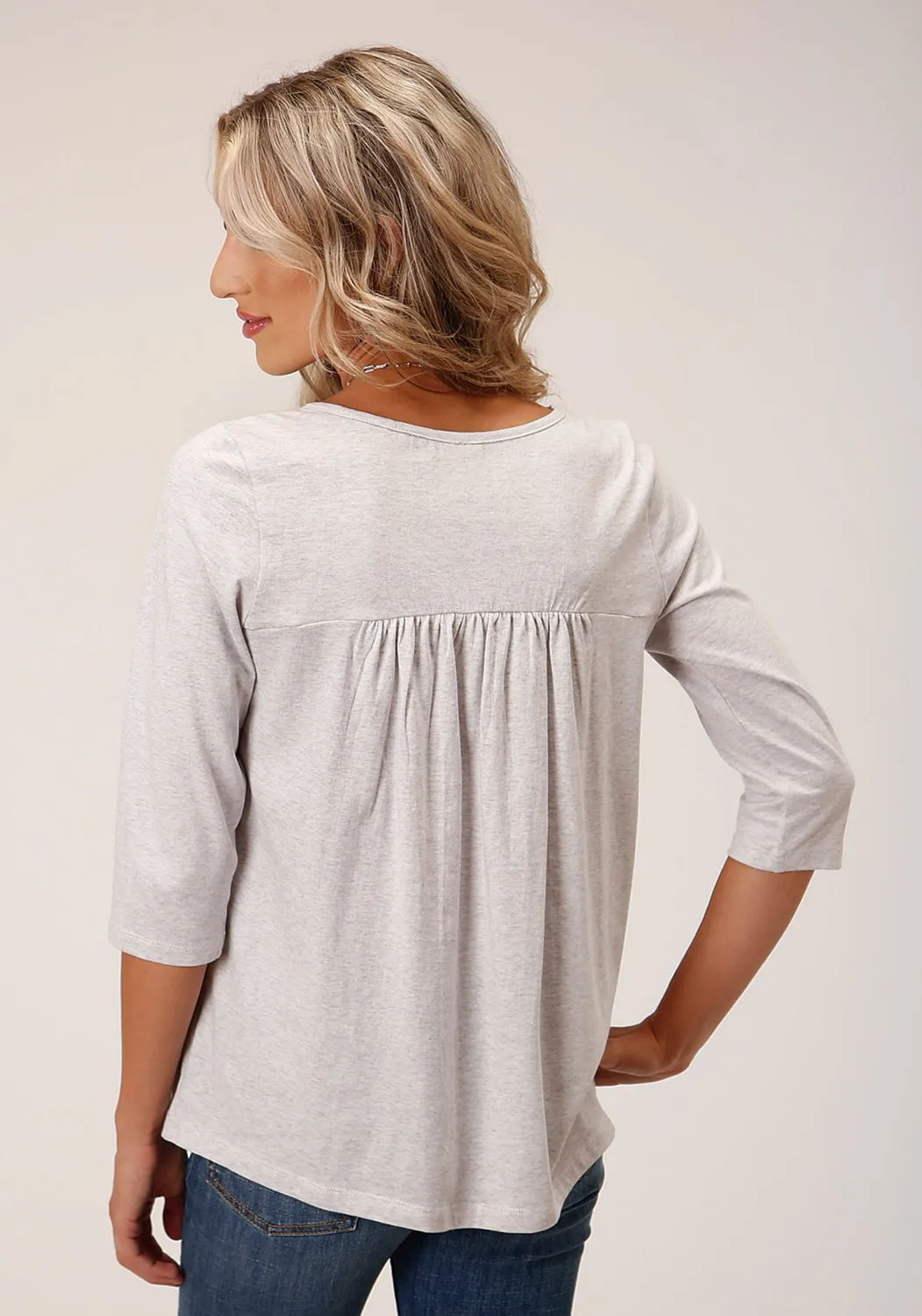 Roper Womens Western Floral Grey Cotton Blend 3/4 Sleeve L/S Tunic Embroidered Logo
