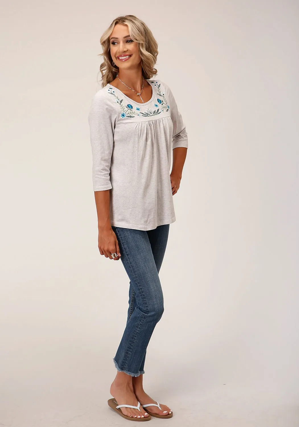 Tagless Design Roper Womens Western Floral Grey Cotton Blend 3/4 Sleeve L/S Tunic