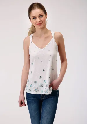 Roper Womens White 100% Cotton Beaded Stars S/L Tank Top Office-Ready Roper Womens White 100% Cotton Beaded Stars S/L Tank Top Wedding guest