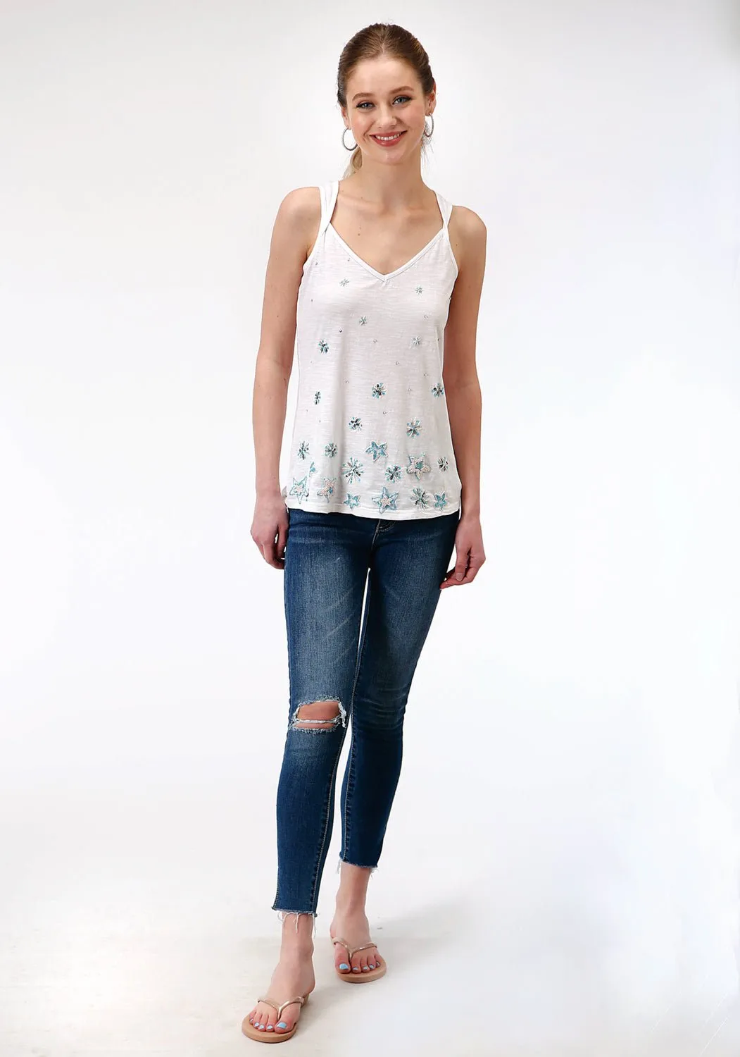 Weekend Casual Roper Womens White 100% Cotton Beaded Stars S/L Tank Top