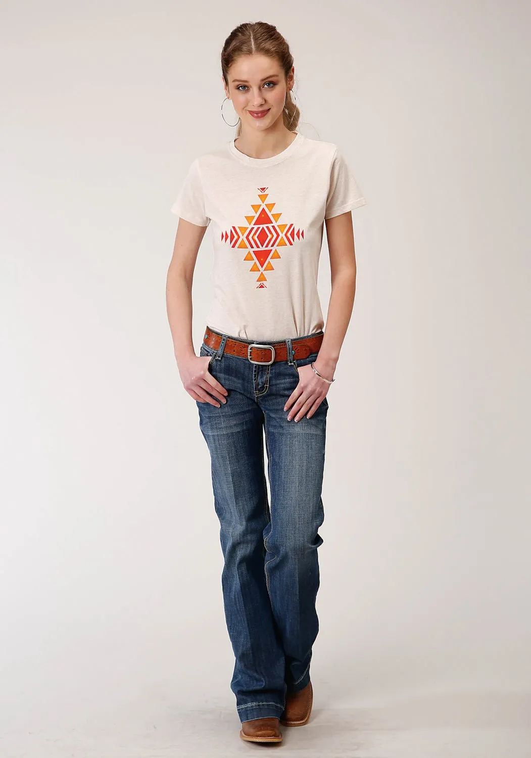 Roper Womens White 100% Cotton Red Aztec S/S T-Shirt City Exploration Formal Elegance