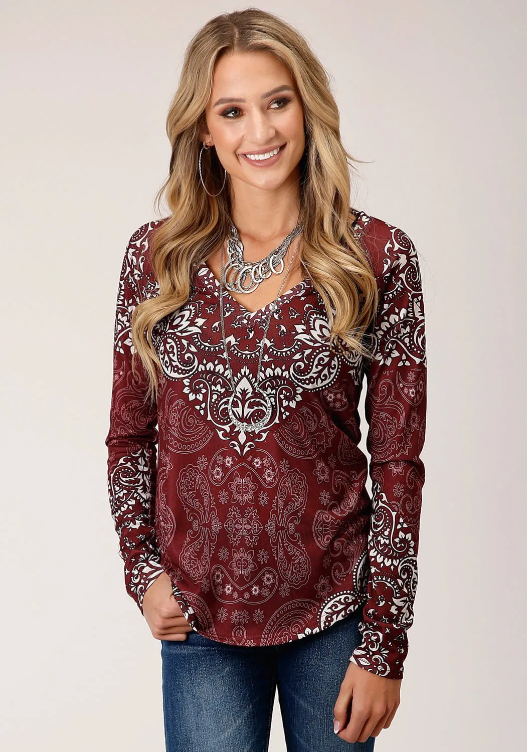 Roper Womens White/Wine Rayon Blend Sweater V-Neck L/S Tunic Vibrant Design