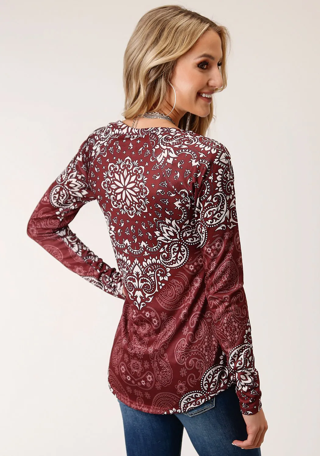 Roper Womens White/Wine Rayon Blend Sweater V-Neck L/S Tunic Daily Wear Breathable Classic
