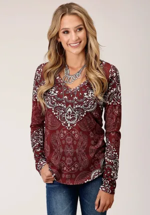 Roper Womens White/Wine Rayon Blend Sweater V-Neck L/S Tunic High Rise Waist Classic Wear Slim Roper Womens White/Wine Rayon Blend Sweater V-Neck L/S Tunic