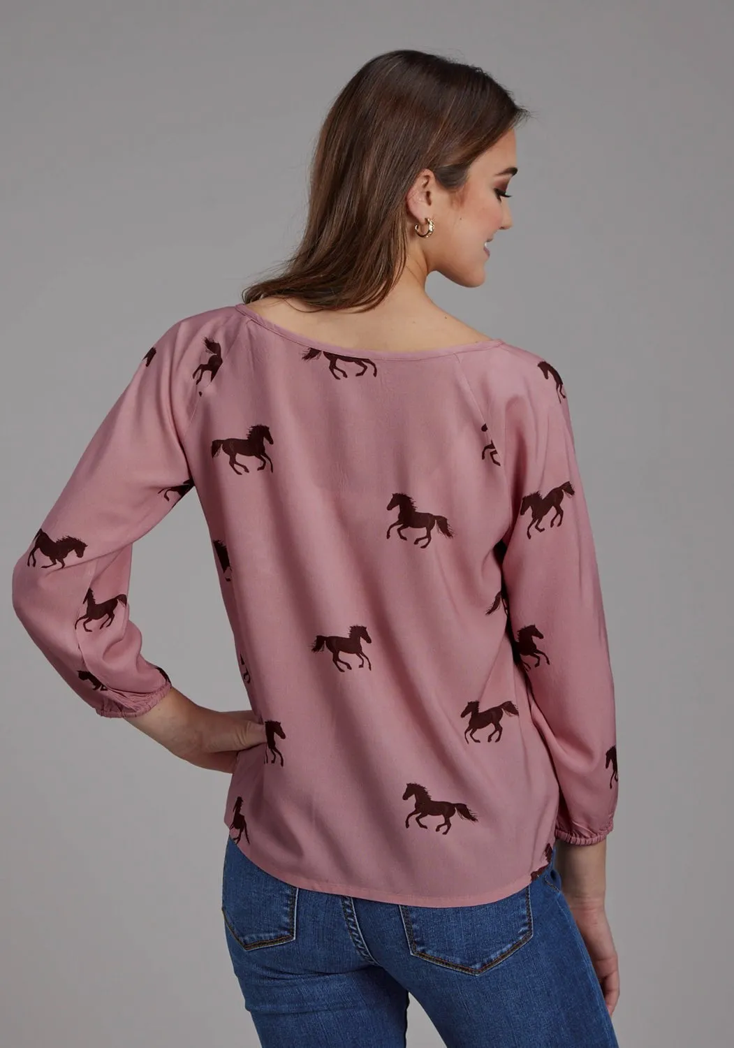 Roper Womens Wild Horses Self Tie Pink 100% Rayon L/S Blouse Artistic Design