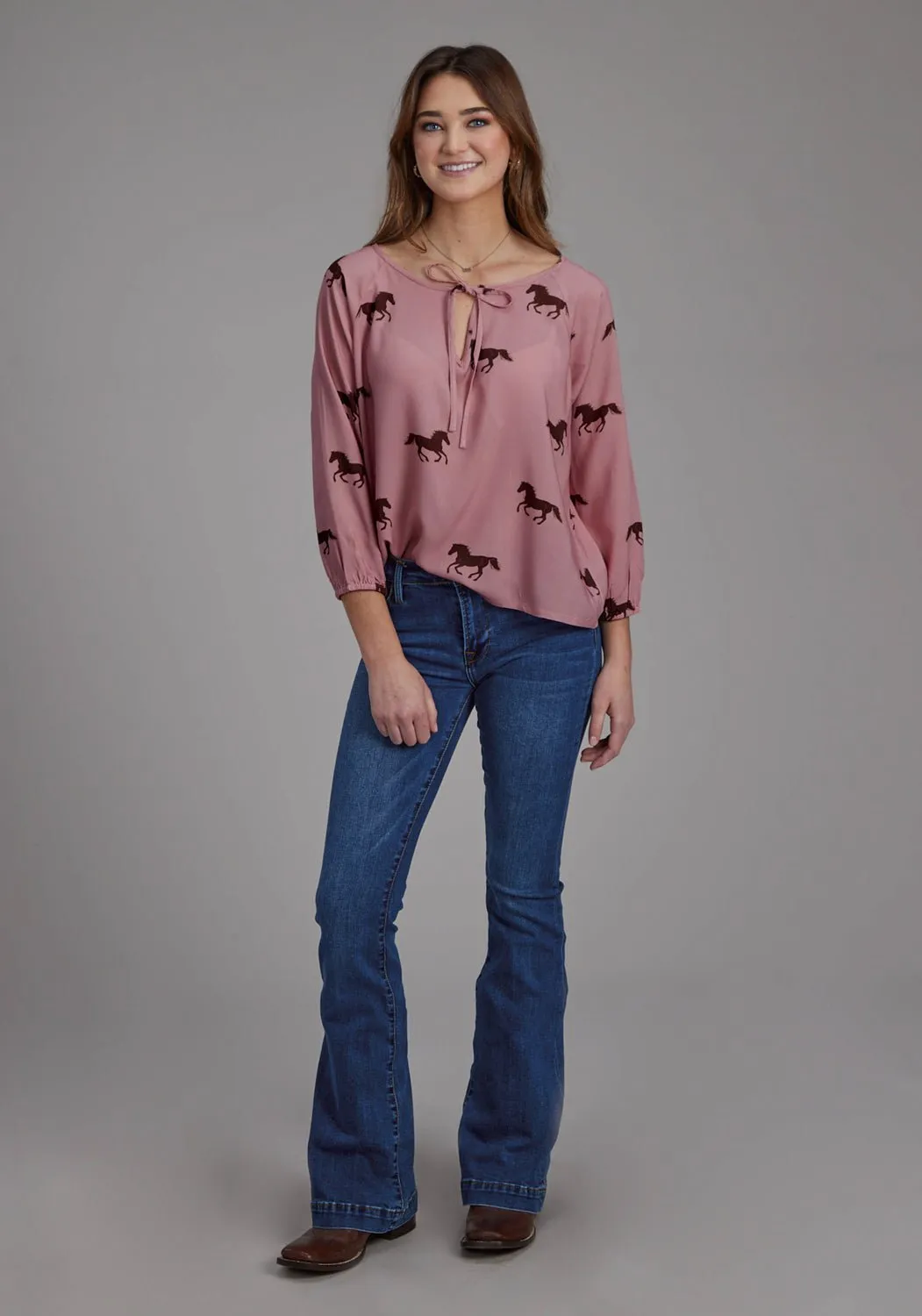 Roper Womens Wild Horses Self Tie Pink 100% Rayon L/S Blouse Essential Piece