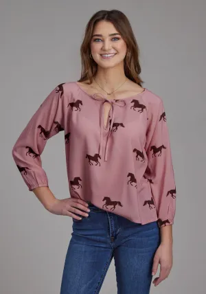 Roper Womens Wild Horses Self Tie Pink 100% Rayon L/S Blouse Tagless Neck Contemporary Design Wrinkle-Resistant Roper Womens Wild Horses Self Tie Pink 100% Rayon L/S Blouse