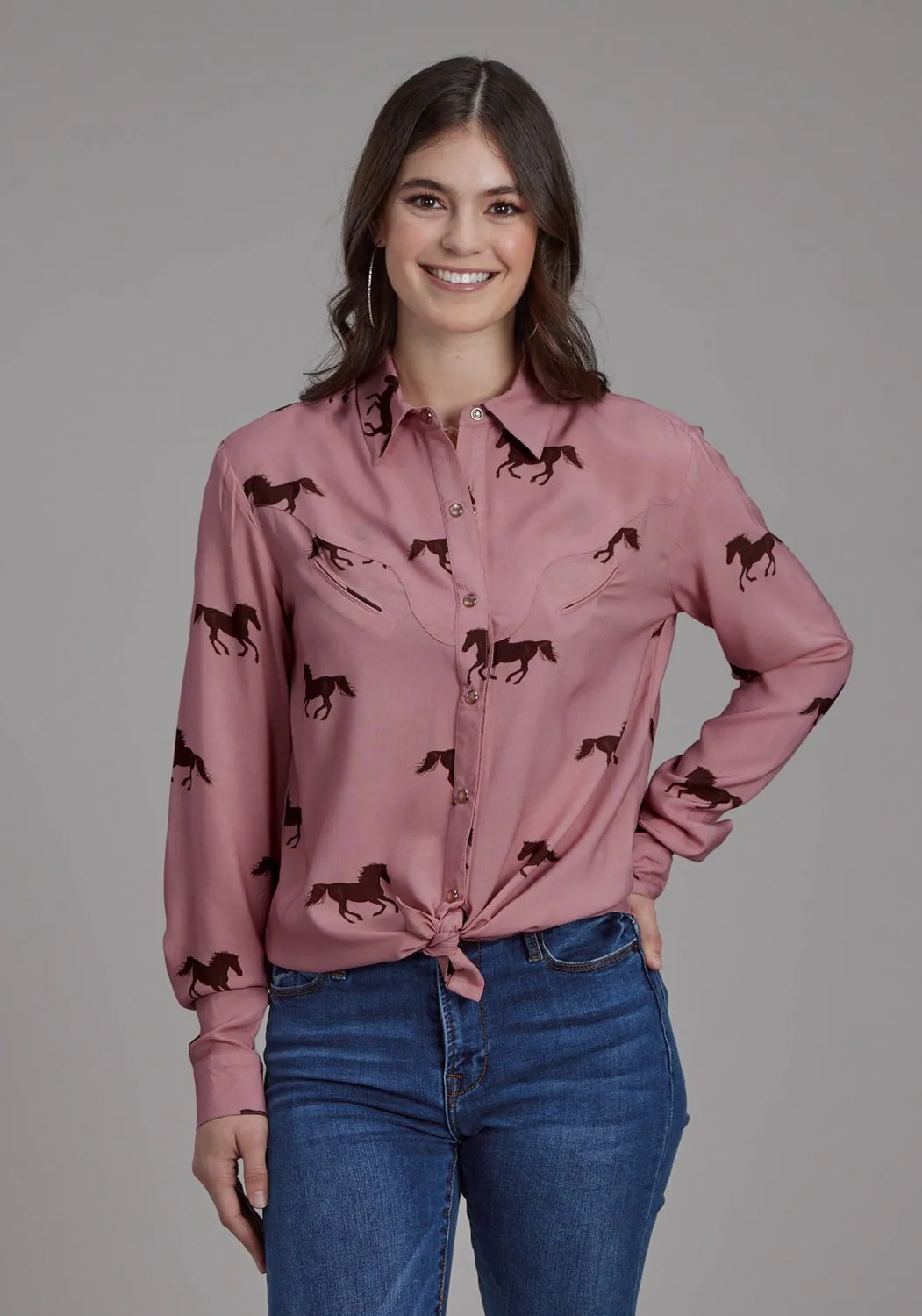 Sleek Silhouette Seasonal Collection Roper Womens Wild Horses Tie Pink 100% Rayon L/S Blouse