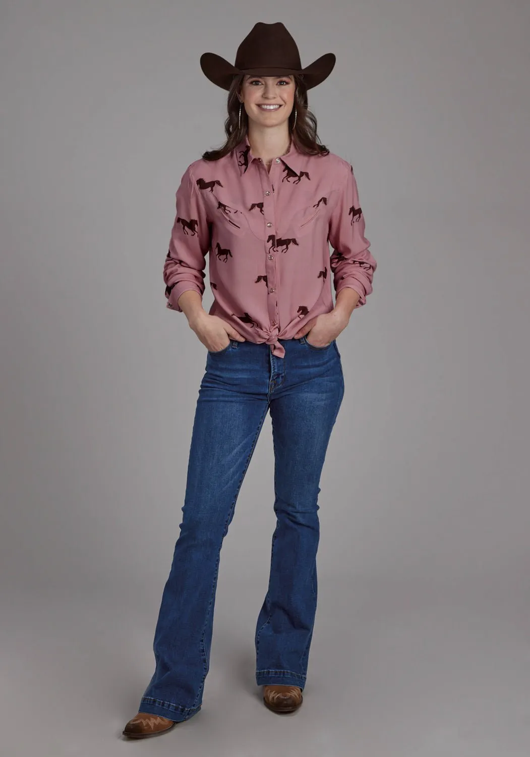 Mature Elegance Roper Womens Wild Horses Tie Pink 100% Rayon L/S Blouse