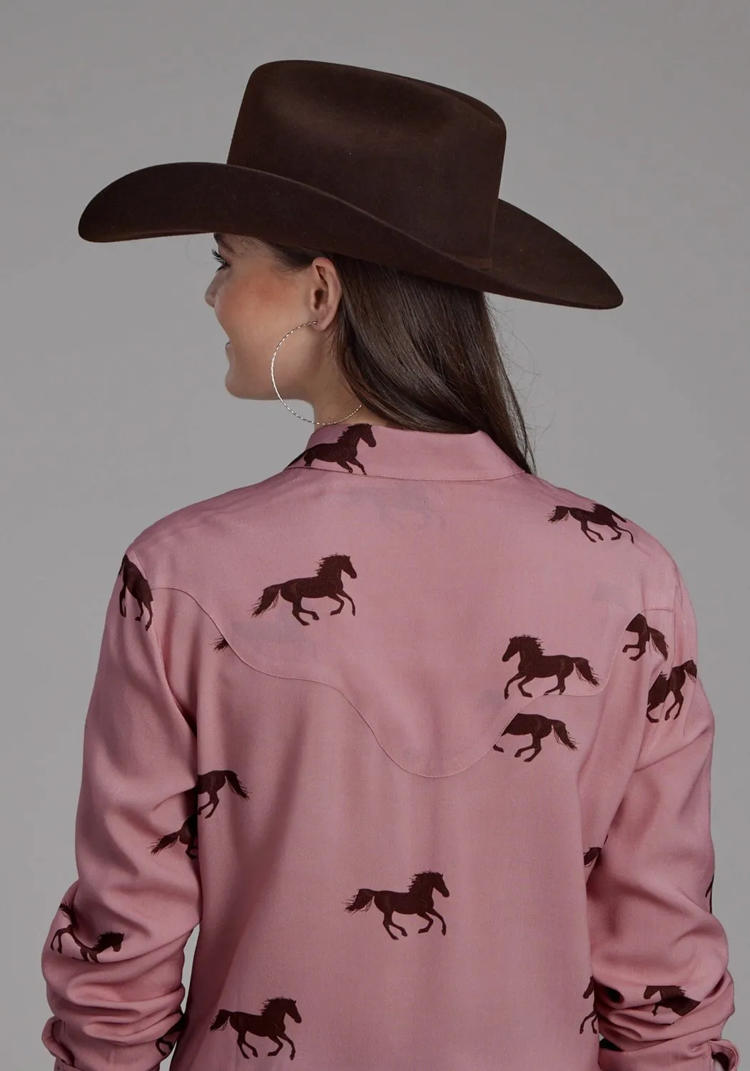 Business Meeting Roper Womens Wild Horses Tie Pink 100% Rayon L/S Blouse