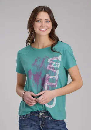 Roper Womens Wild Horses Turquoise Poly/Rayon Yoked S/S T-Shirt Ultimate Fit Roper Womens Wild Horses Turquoise Poly/Rayon Yoked S/S T-Shirt High-End Fabric Loose Comfort
