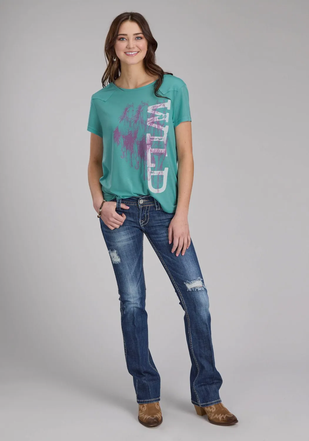Vintage Style Weekend Style Roper Womens Wild Horses Turquoise Poly/Rayon Yoked S/S T-Shirt