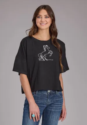 Roper Womens Wild Mustang Black 100% Cotton S/S T-Shirt Eco Friendly Dyes Roper Womens Wild Mustang Black 100% Cotton S/S T-Shirt Reinforced Collar