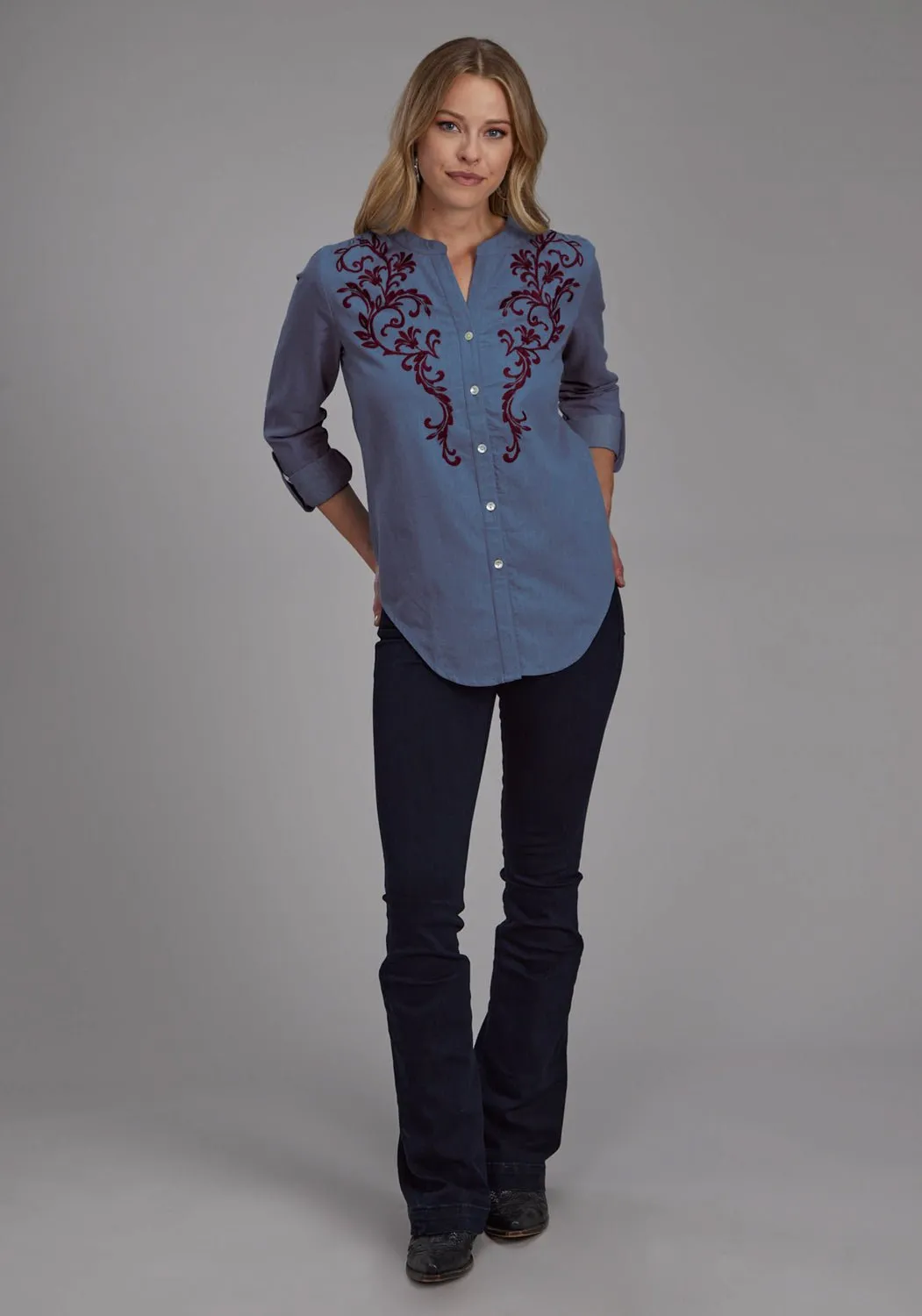 Roper Womens Wine Colored Stitch Blue 100% Cotton L/S Blouse Holiday Style