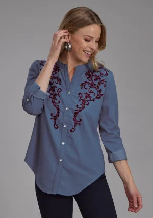 Roper Womens Wine Colored Stitch Blue 100% Cotton L/S Blouse Functional Comfort Outdoor Adventure Roper Womens Wine Colored Stitch Blue 100% Cotton L/S Blouse