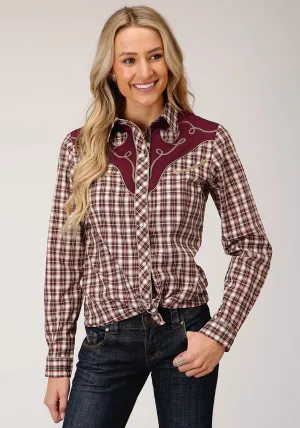 Roper Womens Wine/Cream Cotton Blend Small Scale L/S Plaid Shirt Lightweight Form Anti Pilling Technology Vibrant Design Roper Womens Wine/Cream Cotton Blend Small Scale L/S Plaid Shirt