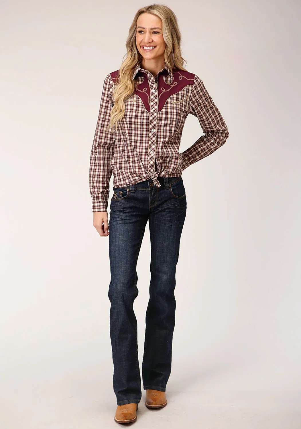 quick dry Universal Style Roper Womens Wine/Cream Cotton Blend Small Scale L/S Plaid Shirt